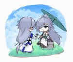  2girls blue_eyes chibi chibi_only chinese_commentary commentary_request dress dual_persona flower fu_hua fu_hua_(azure_empyrea) fu_hua_(taixuan_impression) grass grey_hair high_ponytail highres holding holding_flower holding_umbrella honkai_(series) honkai_impact_3rd long_hair low-tied_long_hair multiple_girls nanguatudou_dunpaigu parasol ponytail sitting sky umbrella very_long_hair white_dress 