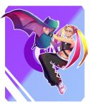  1girl black_pants black_shirt blonde_hair blush border commentary_request crop_top diagonal-striped_background eyelashes full_body golbat hair_ornament holding holding_pokemon multicolored_hair navel_piercing one_eye_closed outline pants piercing pink_hair plumeria_(pokemon) pokemon pokemon_(creature) pokemon_sun_and_moon quad_tails shirt shoes short_hair_with_long_locks sleepeeeeeeer smile stomach_tattoo striped_background tattoo team_skull two-tone_background two-tone_hair white_border white_eyeshadow white_outline white_shoes yellow_eyes 