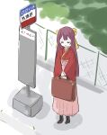  1girl boots bow bus_stop chain-link_fence closed_eyes commentary_request fence from_above hair_bow hakama highres japanese_clothes kamikaze_(kancolle) kantai_collection kashiwa_no_udon kimono long_hair meiji_schoolgirl_uniform pink_hakama purple_hair red_kimono solo suitcase translation_request 