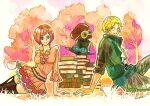  1boy 1girl arm_support ascot belt belt_buckle black_hat black_shirt black_thighhighs blonde_hair blue_eyes blue_vest book breasts brown_hat buckle closed_mouth commentary_request feet_out_of_frame furol_nicoco goggles goggles_on_headwear grey_pants hat koala_(one_piece) medium_breasts miniskirt one_piece orange_hair pants pink_shirt red_skirt sabo_(one_piece) scar scar_across_eye scar_on_face shirt short_hair sitting skirt thighhighs tree unworn_hat unworn_headwear vest white_ascot yokozuwari 