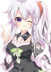  1girl 9-nine- :q ;q ahoge alternate_costume back_bow black_dress blush bow bowtie braid breasts closed_mouth commentary_request cowboy_shot detached_collar dress dress_bow enmaided eyes_visible_through_hair green_bow green_ribbon grey_bow grey_bowtie grey_hair hair_between_eyes hair_ornament hair_ribbon hair_scrunchie hand_up happy highres index_finger_raised large_breasts long_hair long_sleeves looking_at_viewer maid niimi_sora nine_ball_maid_uniform one_eye_closed print_scrunchie purple_eyes red_scrunchie ribbon sample_watermark scrunchie side_ponytail sidelocks simple_background single_braid smile solo star_(symbol) star_print sukonbu385 tehepero tongue tongue_out watermark white_background white_bow white_sleeves 