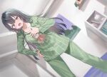 1girl absurdres ahoge black_hair blush brown_eyes commentary_request dutch_angle green_pajamas green_pants green_shirt hair_between_eyes hair_ribbon highres indoors long_hair looking_at_viewer momoko_(momopoco) novel_illustration official_art pajamas pants ribbon shirt smile solo striped_clothes striped_pajamas striped_shirt suou_yuki tokidoki_bosotto_roshia-go_de_dereru_tonari_no_alya-san vertical-striped_clothes vertical-striped_shirt 