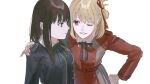  black_hair blonde_hair breasts buttons closed_mouth collared_shirt green_ribbon grey_eyes grin hand_on_another's_shoulder hand_on_own_hip highres inoue_takina kabocha_(kabocha0726) long_hair long_sleeves looking_at_another lycoris_recoil lycoris_uniform neck_ribbon nishikigi_chisato one_eye_closed red_eyes ribbon shirt smile upper_body white_background 