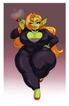  big_breasts blue_eyes breasts cigar cleavage clothed clothing collar cuprumrus female goblin green_skin humanoid monster_girl_(genre) not_furry one_eye_closed plump_lips pointy_ears ring thick_thighs wide_hips wink 