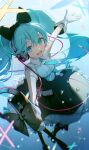  1girl absurdres aqua_eyes aqua_hair aqua_necktie black_bow blush bow breasts cable collared_shirt commentary dress framed_breasts gloves hair_bow hatsune_miku headphones highres kamatoyu long_hair looking_at_viewer magical_mirai_(vocaloid) magical_mirai_miku magical_mirai_miku_(2016) medium_breasts musical_note musical_staff necktie official_alternate_costume official_alternate_hairstyle open_mouth shirt sleeveless sleeveless_dress solo twintails very_long_hair vocaloid white_gloves white_shirt 