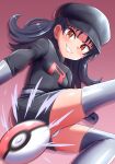  1girl absurdres belt black_dress black_hair black_hat breasts brown_eyes clenched_hand commentary_request commission dress earrings gloves grey_belt grey_gloves grey_thighhighs grin hat highres jewelry kris_(pokemon) large_variant_set long_hair looking_at_viewer maho_(corotonton5150) motion_blur panties pixiv_commission poke_ball poke_ball_(basic) pokemon pokemon_adventures shiny_skin small_breasts smile solo star_(symbol) star_earrings team_rocket team_rocket_uniform teeth thighhighs thighs underwear variant_set white_panties 