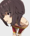  1girl bent_over breasts brown_hair commentary_request downblouse dress extended_downblouse facing_to_the_side hands_on_own_knees highres kono_subarashii_sekai_ni_shukufuku_wo! kurota_snana9241 megumin nipples off-shoulder_dress off_shoulder open_mouth red_dress red_eyes short_hair_with_long_locks small_breasts 