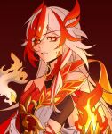  1girl absurdres bright_pupils chinese_commentary commentary_request fu_hua fu_hua_(fenghuang_of_vicissitude) highres honkai_(series) honkai_impact_3rd long_hair multicolored_hair nanguatudou_dunpaigu red_background red_hair solo streaked_hair two-tone_hair upper_body white_hair 