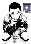  1boy alternate_costume alternate_hair_length_(shorter) alternate_hairstyle between_fingers can cigarette commentary contemporary english_commentary fingernails from_above game_screenshot_inset genshin_impact greyscale high_collar highres holding holding_can hootaru_u jacket looking_at_viewer male_focus monochrome pants reference_inset scaramouche_(genshin_impact) screenshot_inset shoes short_hair simple_background smoking solo squatting squatting_cowgirl_position track_jacket very_short_hair white_background zipper 