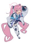  1girl absurdres arm_up black_gloves black_skirt blue_archive blush_stickers commentary_request fingerless_gloves full_body gloves grey_jacket grey_thighhighs halo highres id_card jacket koyuki_(blue_archive) long_hair long_sleeves open_mouth pink_hair pink_halo puffy_long_sleeves puffy_sleeves simple_background skirt smile solo thick_eyebrows thighhighs tokage_(pr) twintails very_long_hair white_background 
