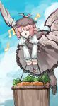  1girl :d animal_ears bird_ears bird_wings blue_sky brown_dress brown_hat chinese_commentary closed_eyes cloud commentary_request day dress flying frilled_dress frills hat highres holding kori_morri long_sleeves musical_note mystia_lorelei open_mouth outdoors pinafore_dress pink_hair shirt short_hair singing sky sleeveless sleeveless_dress smile solo touhou white_shirt winged_hat wings 