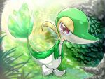  full_body grass no_humans nostrils open_mouth outdoors pokemon pokemon_(creature) runachikku sitting snivy solo sparkle twitter_username 