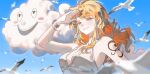  1girl bangle bare_shoulders bird blue_sky blurry blurry_foreground bracelet breasts brown_eyes ccnami cleavage cloud dress earrings english_commentary eyelashes gold_bangle hand_up highres jewelry large_breasts light_blush log_pose long_hair looking_afar looking_ahead nami_(league) one_piece orange_hair outdoors parted_lips pearl_earrings shoulder_tattoo sidelocks sky smile tattoo upper_body wavy_hair white_dress zeus_(one_piece) 
