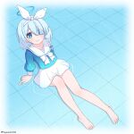  1girl arm_support arona_(blue_archive) bare_legs barefoot blue_archive blue_background blue_eyes blue_hair blue_halo blue_pupils blue_shirt blue_theme blush bow bow_hairband bowtie braid choker closed_mouth collarbone commentary eyes_visible_through_hair feet from_above full_body hair_over_one_eye hairband halo highres knee_up long_sleeves looking_up miniskirt multicolored_hair outstretched_leg pink_hair pleated_skirt puffy_long_sleeves puffy_sleeves ripples sailor_collar school_uniform serafuku shirt short_hair single_braid sitting skirt sleeve_cuffs smile soles solo split_mouth tile_floor tiles toenails toes twitter_username two-tone_hair wet_floor white_bow white_bowtie white_choker white_hairband white_sailor_collar white_skirt yashi_(hayashiki0404) 