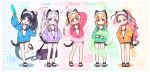  +_+ 5girls absurdly_long_hair animal_ear_headphones animal_ears antenna_hair aqua_halo aris_(blue_archive) aris_(maid)_(blue_archive) arm_behind_head arm_up bag bikini black_bikini black_hair blonde_hair blue_archive blue_background blue_eyes blue_jacket blunt_bangs blush bottle cat_ear_headphones cat_ears cat_tail closed_mouth commentary_request dolphin_shorts duffel_bag english_text fake_animal_ears fake_tail flat_chest forehead frilled_bikini frills full_body game_development_department_(blue_archive) green_background green_eyes green_halo green_jacket hair_ornament half_updo halo hands_in_pocket headphones heart heart_hands high_ponytail highres holding holding_bottle holding_swim_ring hood hood_down hoodie innertube jacket kei_(blue_archive) kei_(student)_(blue_archive) long_hair long_sidelocks looking_at_viewer loosely_tucked_bangs maid maid_bikini maid_headdress medium_hair midori_(blue_archive) momoi_(blue_archive) multiple_girls navel one_side_up open_clothes open_jacket open_mouth orange_background orange_halo orange_jacket pink_background pink_eyes pink_halo pink_jacket ponytail power_symbol purple_eyes purple_jacket rectangular_halo red_hair ringed_eyes sandals shorts siblings sidelocks sisters smile swim_ring swimsuit tail transparent_innertube twins unconventional_maid very_long_hair very_long_sidelocks water_bottle water_gun wavy_mouth white_hair yoru_nai yuzu_(blue_archive) 