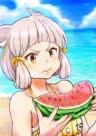  1girl absurdres animal_ears beach blue_sky cat_ears cat_girl commentary_request day eating food fruit grey_hair highres holding holding_food holding_fruit horizon light_blush nemimin nia_(xenoblade) outdoors sky solo upper_body v-shaped_eyebrows watermelon watermelon_slice xenoblade_chronicles_(series) xenoblade_chronicles_2 yellow_eyes 