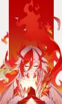  1girl absurdres bird chinese_commentary claw_ring closed_eyes commentary_request fire fu_hua fu_hua_(fenghuang_of_vicissitude) hair_between_eyes highres honkai_(series) honkai_impact_3rd nanguatudou_dunpaigu own_hands_together red_hair scales solo topless_female white_hair 