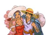  1boy 1girl alternate_costume anchor_symbol arm_tattoo artist_name bead_necklace beads black_hair blue_hair bone boned_meat brown_eyes carrying_over_shoulder chest_tattoo coat collarbone commentary cup dress drinking_glass earrings english_commentary food fur_coat hat hat_feather headband highres holding holding_cup hoop_earrings jewelry meat monkey_d._luffy necklace nefertari_vivi nirelle_art one_piece open_mouth orange_sash pink_coat purple_shirt red_dress scar scar_on_cheek scar_on_face shirt short_hair short_sleeves simple_background smile strapless strapless_dress straw_hat sun_hat tattoo teeth tongue tongue_out white_background white_hat wine_glass 