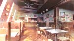  ceiling_fan chair evening game_asset hanging_light indoors karakara_(game) katou_taira no_humans official_art painting_(object) plant potted_plant restaurant self-datamine table trash_can wall_lamp wallpaper_(object) window wooden_ceiling 