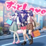  3girls :p absurdres album_cover ankle_socks aoyama_mei badge bag black_shirt blue_eyes blue_hair boots bracelet brown_boots brown_hair brown_jacket brown_skirt button_badge charm_(object) closed_mouth cover cropped_jacket dress eyewear_on_head frills green_dress hakoiriotome hat high_heels highres holding holding_bag holding_phone idol_clothes jacket jacket_on_shoulders jewelry knee_boots long_sleeves miniskirt momoyama_himeka multiple_girls one_eye_closed open_clothes open_jacket open_mouth paper_bag phone pink_shoes pink_skirt plaid_clothes polo_shirt purple_eyes purple_hair shirt shoes short_hair short_sleeves shoulder_bag skirt sneakers socks standing thighhighs three-quarter_sleeves tongue tongue_out under-ichigo white_thighhighs yuzuhara_miyu 