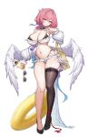  1girl absurdres alternate_costume belle_(zenless_zone_zero) bikini black_thighhighs breasts bubble_tea cleavage closed_mouth commentary cup detached_sleeves disposable_cup drink feathered_wings full_body hair_ornament highres holding holding_cup holding_drink holding_removed_eyewear innertube jewelry kiriko_(araragikoyomi) large_breasts looking_at_viewer medium_hair mole mole_on_breast navel pink_hair pointy_ears purple_eyes remielle_dan ring simple_background single_thighhigh smile solo standing stomach sunglasses swim_ring swimsuit thighhighs unworn_eyewear white_background white_wings wings zenless_zone_zero 
