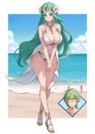  ! 1boy 1girl absurdres armpit_crease bare_arms bare_legs bare_shoulders beach bikini blue_sky blush border breasts cleavage closed_mouth cloud collarbone commentary emmettart english_commentary fire_emblem fire_emblem:_three_houses fire_emblem_heroes flower flustered green_eyes green_hair green_nails hair_flower hair_ornament highres husband_and_wife jewelry large_breasts long_hair looking_at_viewer male_byleth_(awakened)_(fire_emblem) male_byleth_(fire_emblem) nail_polish navel ocean official_alternate_costume official_alternate_hair_color open_mouth outdoors reaction_inset rhea_(fire_emblem) rhea_(summer)_(fire_emblem) ring sandals short_hair sideboob sky smile solo_focus stomach swimsuit thick_thighs thighs toenail_polish toenails very_long_hair water wedding_ring wedge_heels white_bikini white_border 