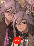  4girls absurdres black_shirt blue_eyes china_dress chinese_clothes chinese_commentary collared_shirt commentary_request dress earrings fu_hua fu_hua_(azure_empyrea) fu_hua_(night_squire) fu_hua_(phoenix) grey_hair hair_between_eyes highres honkai_(series) honkai_impact_3rd jacket jewelry long_hair multiple_girls multiple_persona nanguatudou_dunpaigu necktie purple_necktie shirt video_call white_jacket 