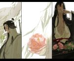  2boys alcohol bichen_sword black_hair black_hanfu blush branded chinese_clothes closed_mouth cup drinking english_commentary flower glassbearer grandmaster_of_demonic_cultivation grey_eyes hair_between_eyes hair_down half_updo hand_up hanfu headband highres holding holding_cup holding_flower implied_yaoi jian_(weapon) lan_wangji leaf letterboxed long_hair long_sleeves looking_at_viewer male_focus multiple_boys multiple_views official_alternate_hairstyle parted_lips pectoral_cleavage pectorals pink_flower pink_rose red_sash ribbon robe rose sakazuki sash scar scar_on_chest sidelocks sitting sword sword_on_back topknot upper_body very_long_hair weapon weapon_on_back wei_wuxian wei_wuxian_(yiling_laozu) white_background white_hanfu white_headband wide_sleeves xiao_guan_(headdress) yellow_eyes 