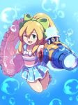  1girl :d ;d android aqua_man_(mega_man) arm_cannon blonde_hair blush bubble character_print commentary_request full_body green_eyes green_ribbon hair_ribbon highres holding holding_swim_ring ishigaki_(sora_roxas) looking_at_viewer mega_man_(classic) mega_man_(series) mega_man_8 mega_man_x_(series) mega_man_x_dive met_(mega_man) official_alternate_costume one_eye_closed open_mouth ponytail ribbon roll_(mega_man) smile solo swim_ring swimsuit underwater weapon 