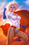  ariel_diaz bare_legs belt belt_buckle blonde_hair blue_boots blue_eyes blue_gloves bob_cut bodysuit boots breasts buckle cape cleavage cleavage_cutout clenched_hands clothing_cutout dc_comics flying gloves highres large_breasts legs looking_afar muscular muscular_female orange_sky power_girl red_belt red_cape sky thighs white_bodysuit 