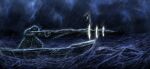  1boy absurdres aiming boat commentary_request covered_face dark from_side harpoon harpoon_gun hen_na highres huge_weapon korean_commentary lightning limbus_company mang_(project_moon) night ocean on_boat overcast project_moon rain sky solo storm the_indigo_elder water watercraft weapon 