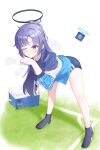  1girl absurdres bare_legs black_buruma black_halo blue_archive blue_eyes blue_hair blue_jacket blue_shirt boots box buruma closed_mouth full_body gym_uniform halo high_ponytail highres hschant id_card jacket long_hair mechanical_halo one_eye_closed ponytail shirt simple_background soccer_field solo standing sweatdrop t-shirt white_background yuuka_(blue_archive) yuuka_(track)_(blue_archive) 