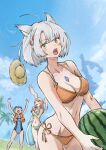  3girls absurdres ahoge animal_ears bikini blue_one-piece_swimsuit blue_sky blush bob_cut breasts cat_ears cat_girl cloud commentary_request day drinking eunie_(xenoblade) food fruit green_bikini highres holding holding_food holding_fruit in-universe_location innertube looking_at_viewer medium_breasts mio_(xenoblade) multiple_girls navel nemimin one-piece_swimsuit open_mouth orange_bikini outdoors sena_(xenoblade) short_hair side-tie_bikini_bottom sky standing swim_ring swimsuit watermelon xenoblade_chronicles_(series) xenoblade_chronicles_3 yellow_eyes 
