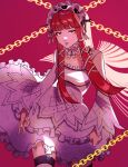  1girl breasts commentary_request dress headdress highres lolita_fashion long_hair long_sleeves looking_at_viewer persona persona_3 red_background red_hair simple_background solo thighhighs white_dress yoshino_chidori yutima9 