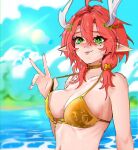  :p allanredhill antlers arm_at_side arm_up bikini blue_sky blush breasts ciaccona_(wuthering_waves) collar commentary deer_antlers english_commentary gold_bikini gold_collar green_eyes hair_tie holding holding_strap holding_swimsuit holding_unworn_clothes horns large_breasts lifting_own_clothes medium_hair mole pointy_ears red_hair sky sun swimsuit symbol-shaped_pupils tongue tongue_out unworn_swimsuit v water wuthering_waves 