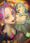  2girls absurdres alien_stage anniyu black_hair black_jacket blue_eyes bow breasts cleavage commentary confetti fangs grey_bow grey_eyes hair_bow highres jacket long_hair mizi_(alien_stage) mizi_(zombie_stage) multiple_girls pink_hair sua_(alien_stage) sua_(zombie_stage) suit_jacket veil yellow_eyes zombie_stage 