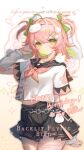  1girl absurdres animal_charm arm_at_side arm_warmers black_sailor_collar black_skirt blowing_bubble_gum chain_belt character_request charm_(object) chewing_gum commission commissioner_name copyright_request cowboy_shot crossed_bangs gradient_background green_eyes green_ribbon hair_between_eyes hair_intakes hair_ornament hair_ribbon hairclip hand_up happy_birthday highres looking_at_viewer mihuashi_commission miniskirt neckerchief parallel_hairclips pink_hair pink_neckerchief pleated_skirt pom_pom_(clothes) pom_pom_hair_ornament rabbit_charm ribbon sailor_collar school_uniform serafuku shirt short_sleeves skirt solo sparkle standing two_side_up watermark white_arm_warmers white_background white_shirt youzha_xian_quanquan 