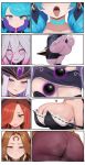  5girls absurdres ass ass_focus ball blue_choker blue_eyes blue_hair breasts briar_(league) brown_eyes brown_hair brown_pantyhose character_chart choker cleavage colored_sclera commentary_request earrings feet foot_focus forehead frown gem gloves grey_eyes grey_hair gwen_(league) hair_over_one_eye hair_ribbon heart highres hoop_earrings huge_breasts jewelry kim_somang korean_commentary league_of_legends leona_(league) microskirt miniskirt miss_fortune_(league) mouth_focus multicolored_hair multiple_girls neck_tattoo open_mouth orange_hair orb outline pants pantyhose purple_eyes purple_gem purple_gloves purple_hair purple_outline red_hair red_sclera ribbon silver_trim skirt steaming_body stirrup_footwear streaked_hair sweat syndra_(league) tattoo tight_clothes tight_pants tongue tongue_out white_background white_eyes white_nails 
