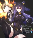  1girl absurdres animal_ears bell belt black_belt black_eyes black_gloves black_leotard black_shorts black_thighhighs breasts character_request commentary_request copyright_request covered_navel cropped_jacket desert_eagle fingerless_gloves firing gloves gun hair_bell hair_between_eyes hair_ornament handgun highres holding holding_gun holding_weapon jacket leotard natsukaze_shigure open_clothes open_jacket open_mouth shorts solo thighhighs weapon 