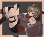  1girl animal_ears arknights bare_shoulders between_fingers black_skirt brown_hair cutter_(arknights) fox_ears fox_girl fox_tail grey_background hair_ornament highres holding holding_knife knee_pads knife knives_between_fingers looking_at_viewer outside_border red_eyes red_shirt rexemk shirt short_hair simple_background skirt sleeveless sleeveless_shirt socks solo tail thighs topknot x_hair_ornament 