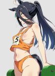  1girl ahoge alternate_hairstyle animal_ears barbell black_hair blush breasts breath buruma cameltoe commentary_request dyed_ahoge ear_ornament ear_tag earrings exercising hair_between_eyes highres horse_ears horse_girl horse_tail jewelry long_bangs long_hair long_hair_between_eyes manhattan_cafe_(umamusume) midriff navel no_bra orange_buruma ponytail race_bib simple_background single_earring skindentation small_breasts solo sportswear stomach sweat tail tony_man+ track_uniform umamusume weightlifting yellow_eyes 