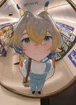  absurdres arknights blonde_hair blonde_streaks blue_overalls commentary dragon_girl dragon_horns duplicate eastern_dragon_horns english_commentary fisheye green_eyes highres horns kowasu1 mirror multicolored_hair orange_pupils overalls shirt shu_(arknights) streaked_hair supermarket traffic_mirror white_shirt 