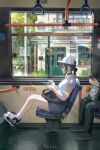  1boy 1girl baseball_cap black_choker black_shoes black_shorts breasts chainsaw_man choker day flower hair_up hat holding holding_flower indoors m_alexa medium_breasts purple_hair reze_(chainsaw_man) shirt shoes shorts sitting sneakers socks solo_focus train_interior white_shirt white_socks 
