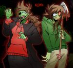  2girls adxrn alternate_universe antenna_hair artist_name black_coat black_pants blood blood_from_eyes blood_from_mouth blood_on_clothes blood_on_shovel breasts brown_hair brown_pants claws coat colored_sclera colored_skin colored_teeth commentary cowboy_shot drawstring eddsworld ell_(eddsworld) english_commentary genderswap genderswap_(mtf) glitch green_hoodie green_skin grin hair_ears hand_up highres holding holding_shovel hood hood_down hoodie jitome long_hair long_sleeves looking_at_viewer low_ponytail medium_breasts mismatched_sclera missing_eye multiple_girls open_clothes open_coat open_mouth pants ponytail red_hoodie red_sclera sharp_teeth shovel slit_pupils smile teeth toon_(style) tori_(eddsworld) trench_coat yellow_teeth zombie zombification 