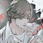  1boy arms_up burning burning_paper cigarette closed_eyes collared_shirt commentary crew_neck devia_gelo english_commentary eyelashes fire henry_townshend holding holding_paper male_focus paper parted_bangs parted_hair shirt short_hair sideburns silent_hill_(series) silent_hill_4:_the_room smoking solo spot_color t-shirt upper_body wing_collar 