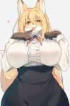  1girl animal_ear_fluff animal_ears animal_hands animal_nose black_skirt blonde_hair breasts brown_fur center_frills commentary_request cowboy_shot finger_to_tongue fox_ears fox_girl fox_tail frills furry furry_female grey_background hair_between_eyes heart high-waist_skirt highres huge_breasts long_hair long_sleeves looking_at_viewer multicolored_fur neck_ribbon open_mouth original red_ribbon ribbon saigi shirt shirt_tucked_in skirt snout solo tail tall_female tongue tongue_out twitter_username very_long_hair white_fur white_shirt yellow_eyes yellow_fur 
