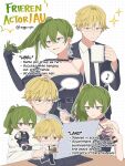  ... 1boy 1girl alternate_universe belt black_belt black_dress black_gloves black_jacket black_necktie blonde_hair business_suit chibi collared_shirt commentary computer contemporary dress elbow_gloves english_commentary english_text four-pointed_star glasses gloves green_hair hair_flip high_side_ponytail highres jacket land_(sousou_no_frieren) laptop long_hair musical_note necktie nowa1412 purple_eyes rectangular_eyewear shirt short_hair side_ponytail single_glove smile sousou_no_frieren speech_bubble spoken_ellipsis spoken_musical_note suit table twitter_username ubel_(sousou_no_frieren) white_shirt yellow_eyes 