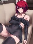  1girl arima_kana bare_shoulders black_dress black_thighhighs breasts cellphone closed_mouth collarbone commentary_request couch dress highres holding holding_phone indoors looking_at_viewer on_couch oshi_no_ko panties pantyshot phone pink_panties red_eyes red_hair riro_(breakthrough_rr) short_hair smartphone solo thighhighs underwear 
