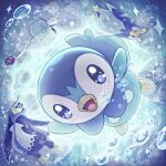  black_eyes blue_background bright_pupils bubble eiscue eiscue_(ice) empoleon evolutionary_line full_body highres no_humans open_mouth piplup pokemon pokemon_(creature) prinplup pyukumuku runachikku white_pupils 