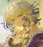  1girl :d arknights bare_shoulders blonde_hair blue_flower blue_hair braid camisole choker commentary flower frills grey_choker grey_eyes grin hair_between_eyes hair_flower hair_ornament hair_over_shoulder long_hair looking_at_viewer mandaring0 multicolored_hair off_shoulder official_alternate_costume pink_flower pointy_ears portrait shu_(arknights) shu_(spring_feast)_(arknights) smile solo white_flower white_hair yellow_camisole 